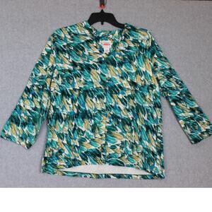 Ruby Rd Favorites Womens Size XL BlueGreenYellow Print 3/4 Sleeve V Neck Top‎